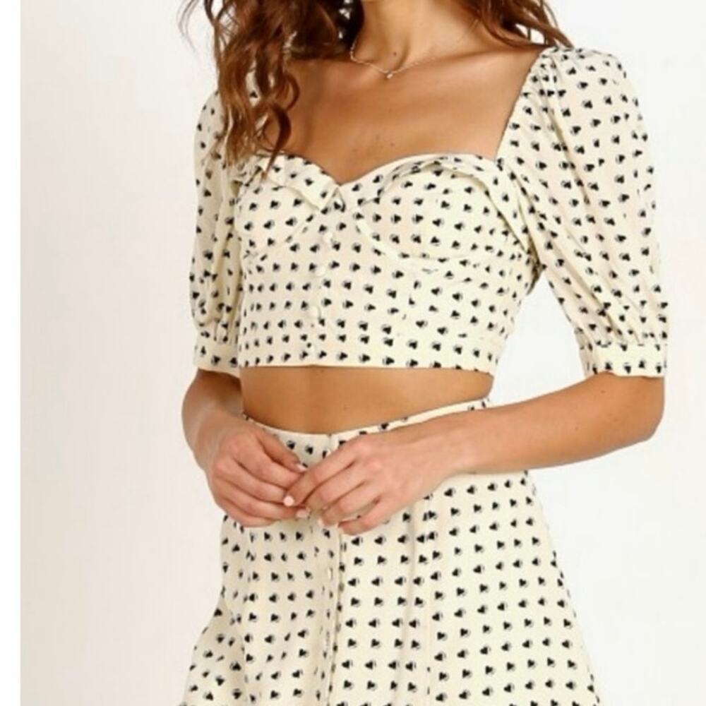 For Love & Lemons Sweetheart Crop Top Creme Heart Print Puff Sleeve Bustier Sz M